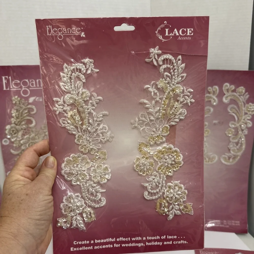 7 Packs Elegance Lace Accent Applique Sew On Embellishments Lot NOS Pearl Bridal